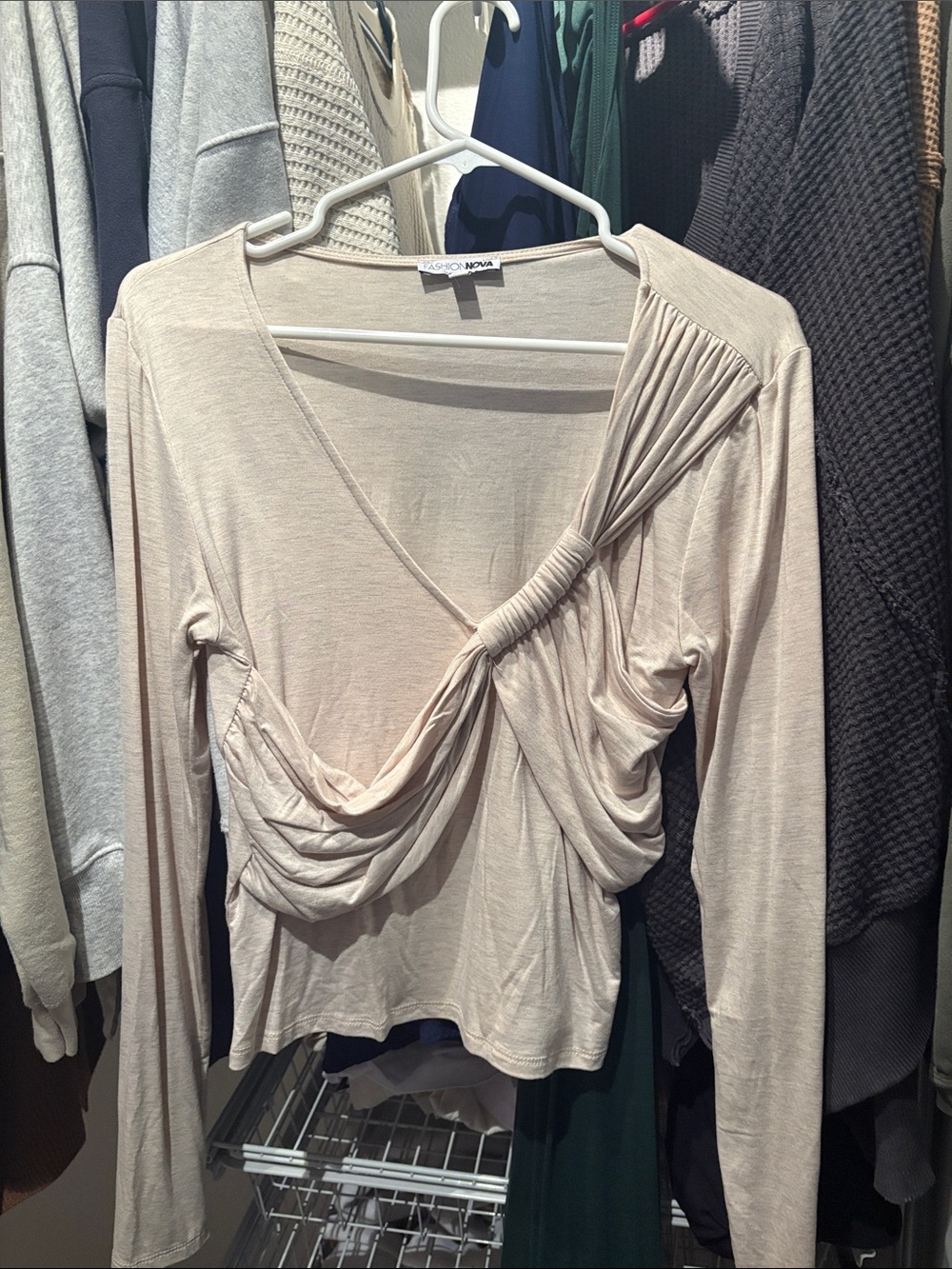 Fashion Nova Light Beige Twist-Detail Long Sleeve Top